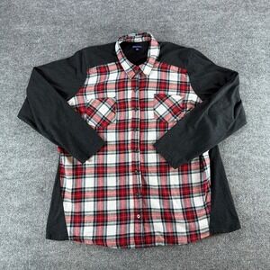 NorthCrest Womens 2X Mixed Media Plaid Button Down Shirt Red Gray Long Sleeve